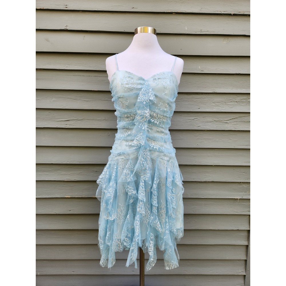 Vintage 90s Y2K Dress Baby Blue Metallic Lace Tiered Handkerchief Hem Small NWT